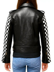 Black leather jacket with checkered sleeves 