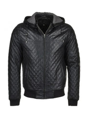 Black hooded bomber Quilted Leather Jacket