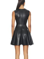 Premium Black Sleeveless Leather Fit and Flare Mini Dress