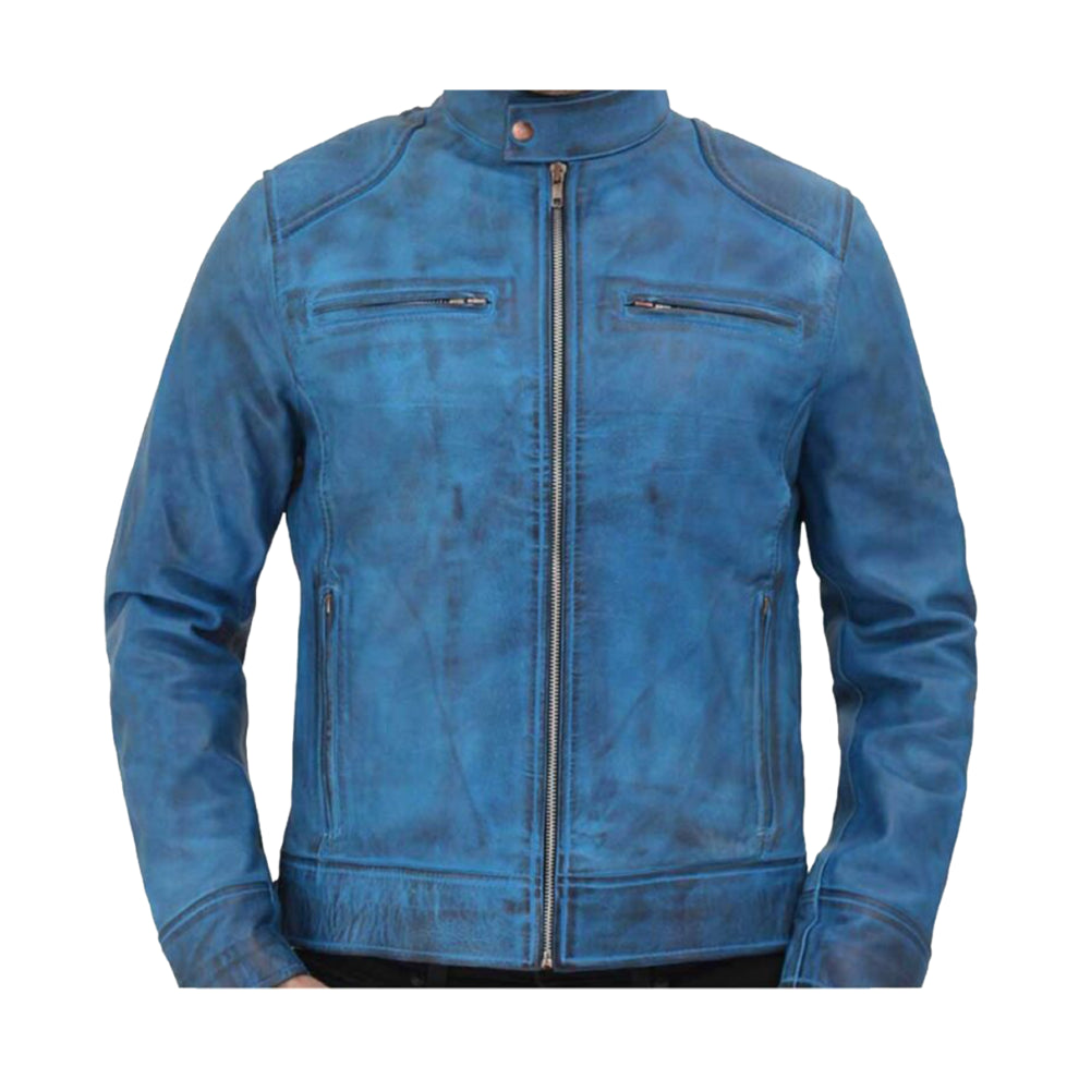 Sky Blue Motorcycle Style Leather Jacket