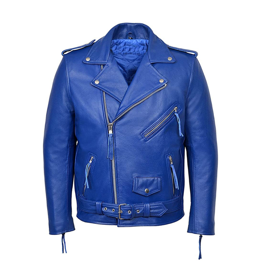 Blue Biker Style Genuine Leather Jacket