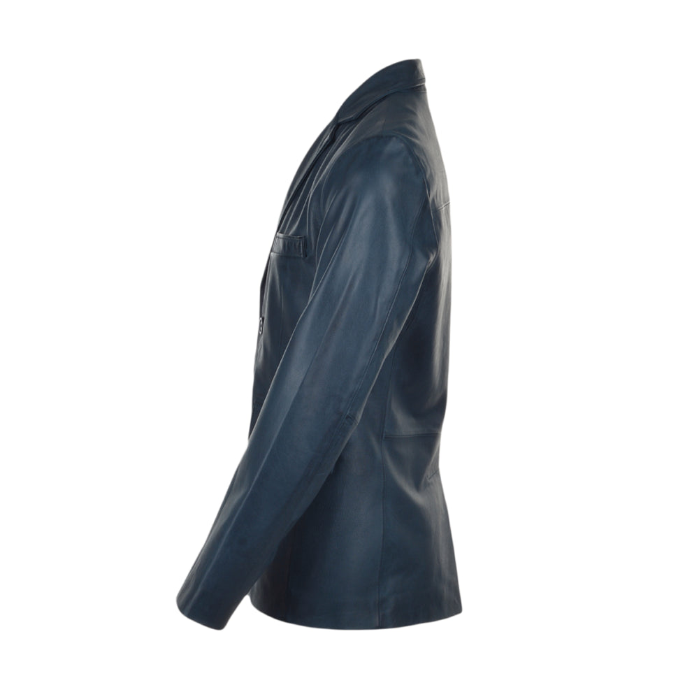 Blue Lapel Style Genuine Leather Blazer