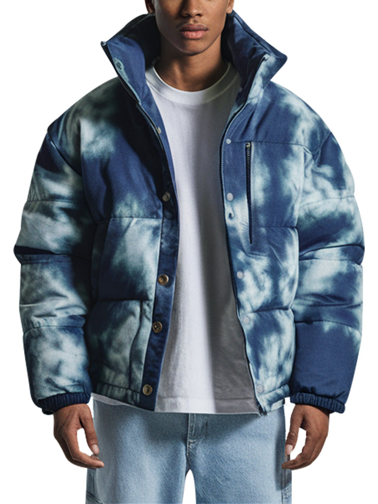 Blue Tie-Dye Puffer Jacket With Hood