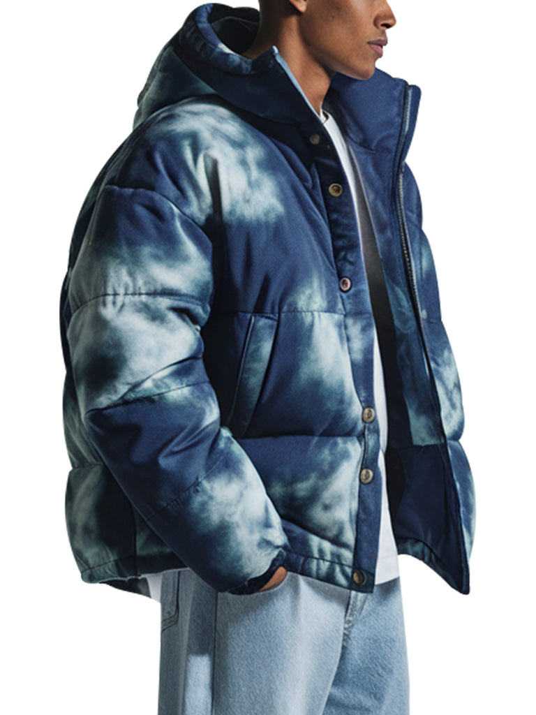 Blue Tie-Dye Puffer Jacket With Hood