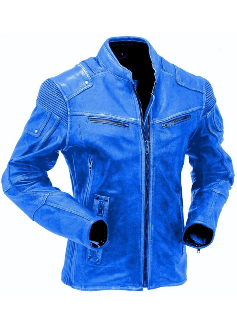 Blue Cafe Racer Leather Jacket