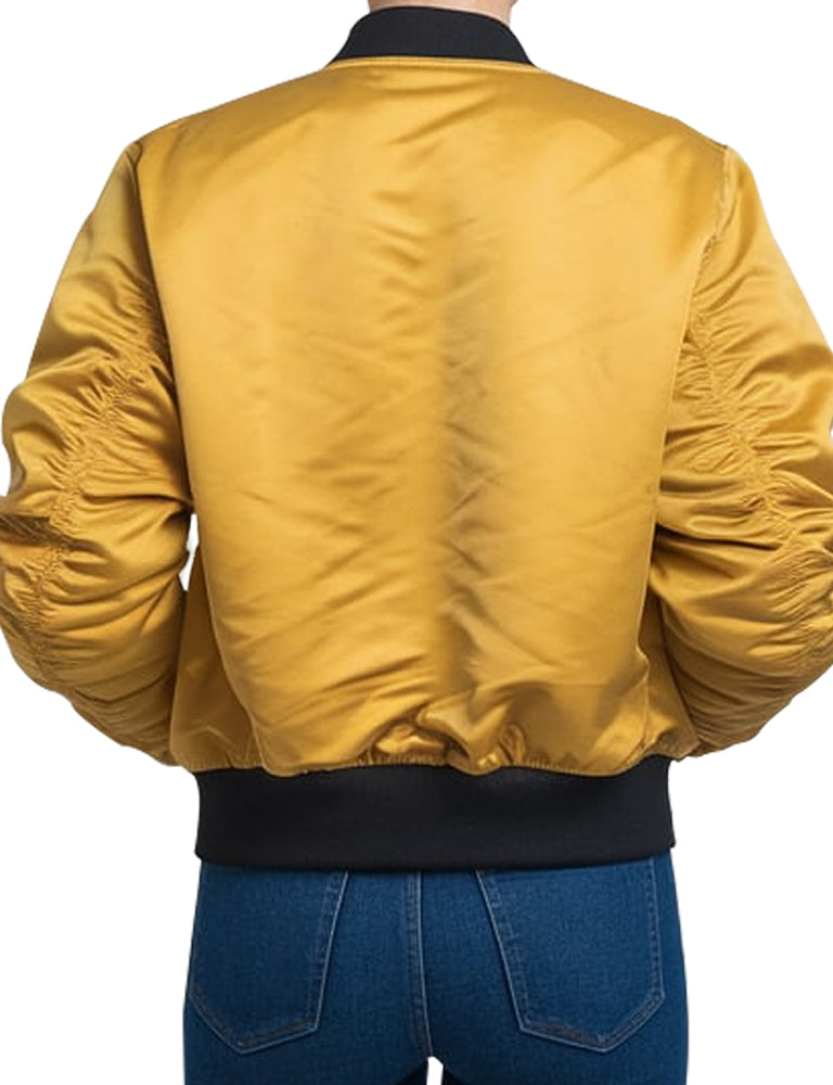 Bold Yellow Satin Bomber Jacket With Black Accents