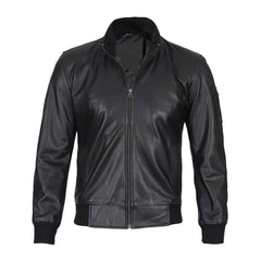 Black Cowhide Leather Bomber Jacket