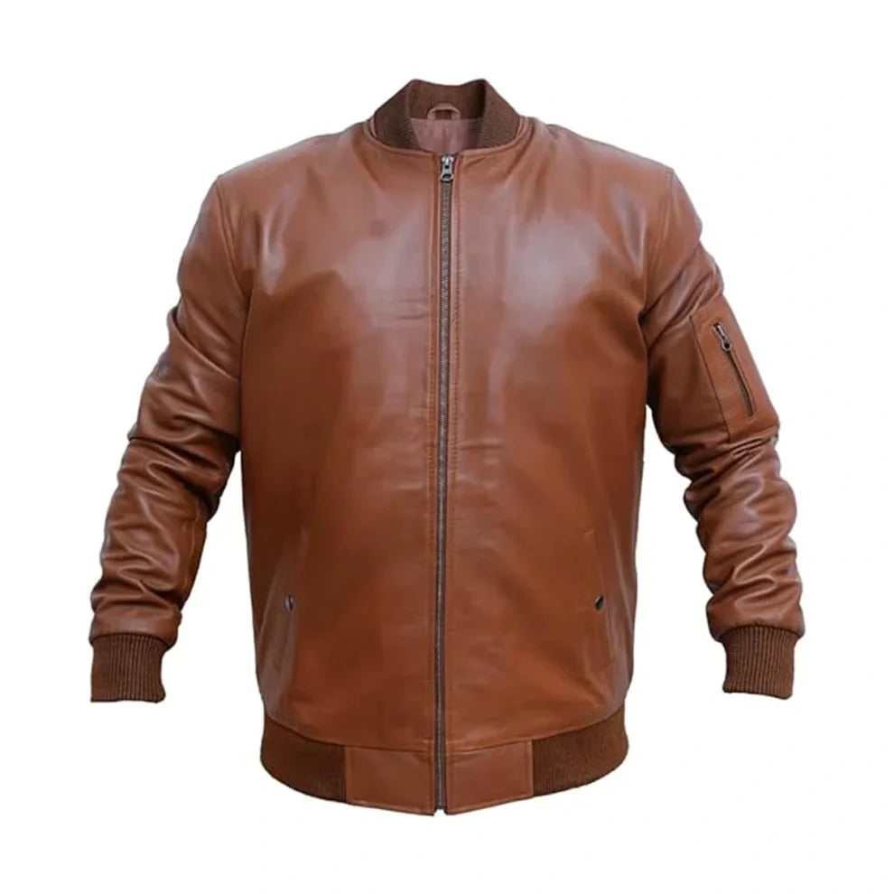 Waxed Brown Bomber Leather Jacket