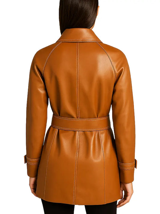 Brown Belted Leather Trench Coat jacket for women 
