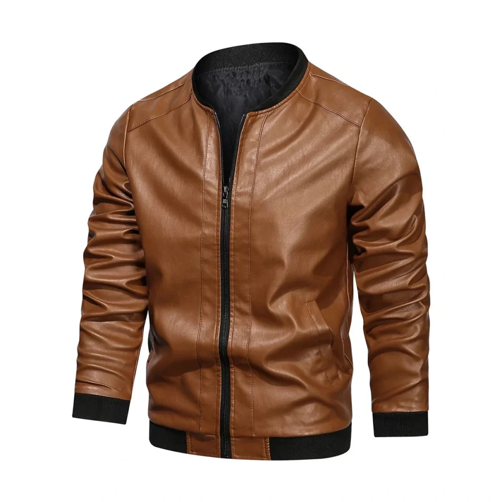 Tan Brown Rib Knitted Leather Jacket