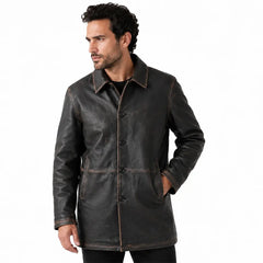 Brown Distressed Mid-Length Leather Coat
