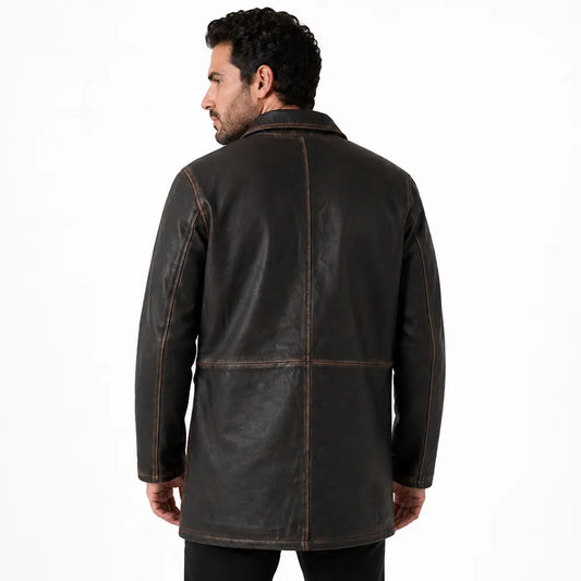 Brown Distressed Mid-Length Leather Coat