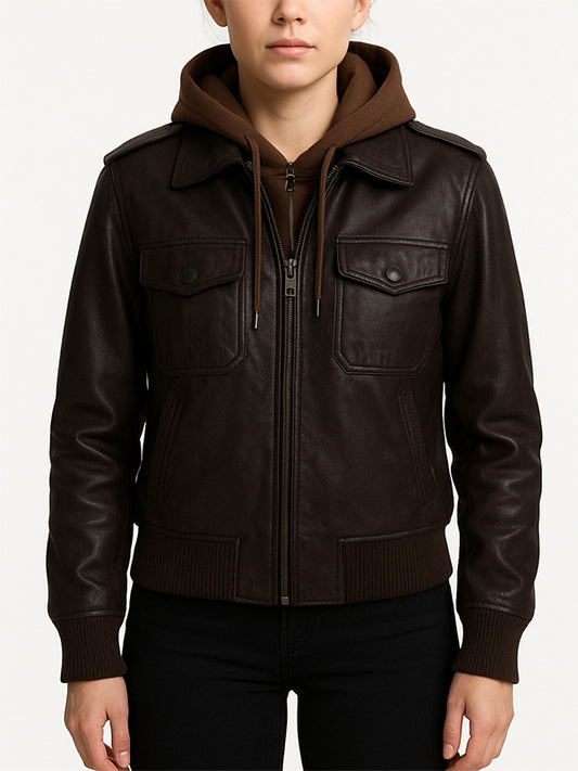 Brown Hooded Leather Jacket For Women
