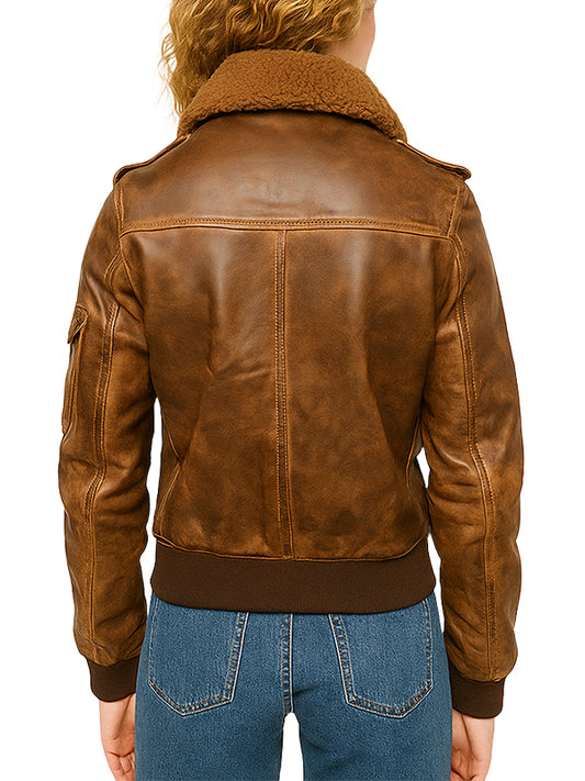 Brown Leather Bomber Jacket With Fur Collar Stylish