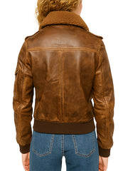 Brown Leather Bomber Jacket With Fur Collar Stylish