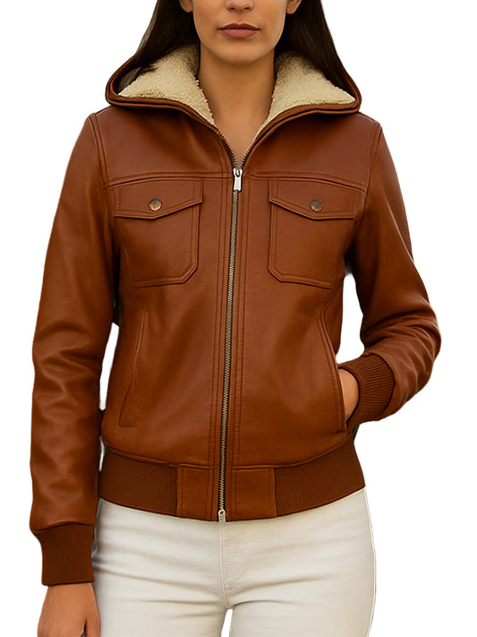 Brown Leather Bomber Jacket With Sherpa Hooded Lining