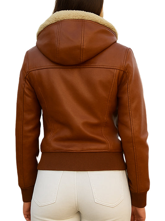 Brown Leather Bomber Jacket With Sherpa Hooded