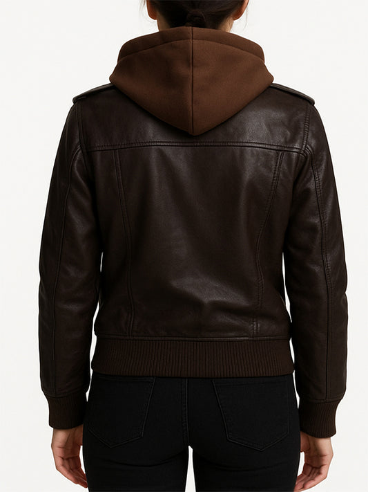 Brown Leather Jacket Hooded For Women