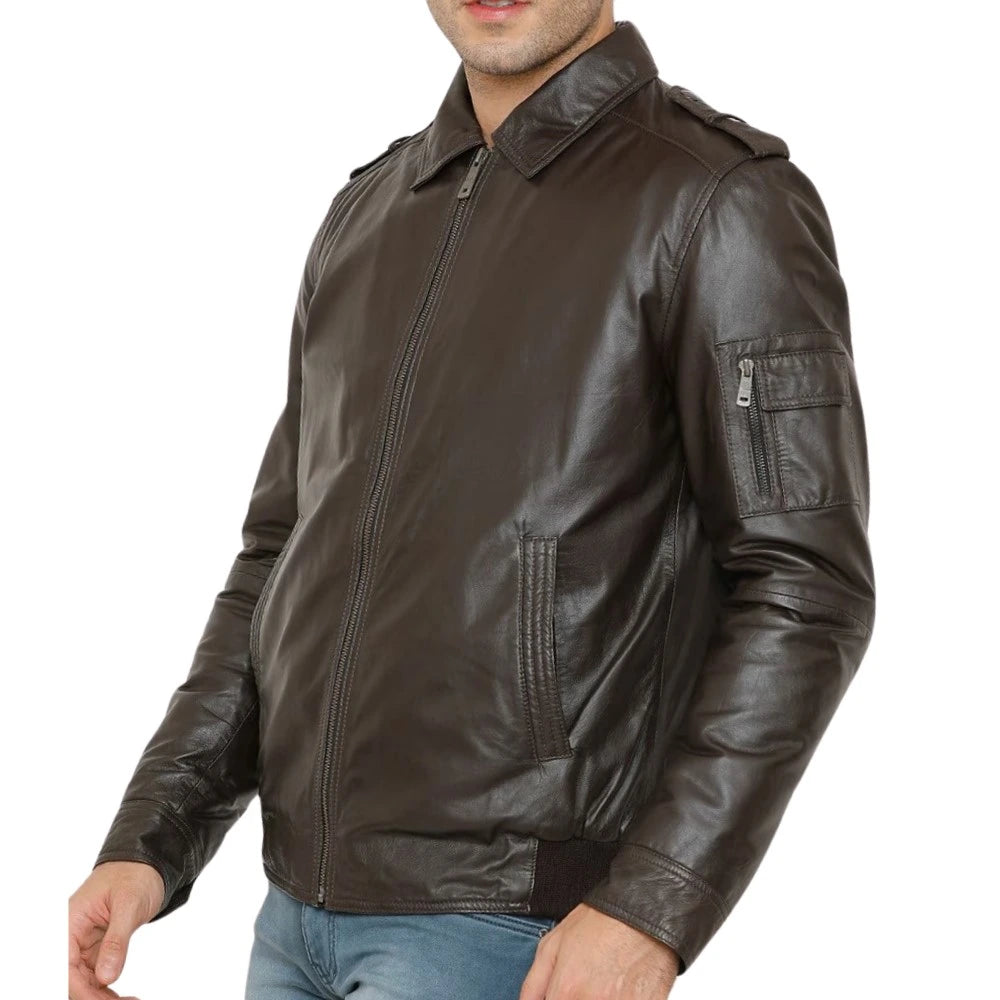 Classic Brown Bomber Leather Jacket