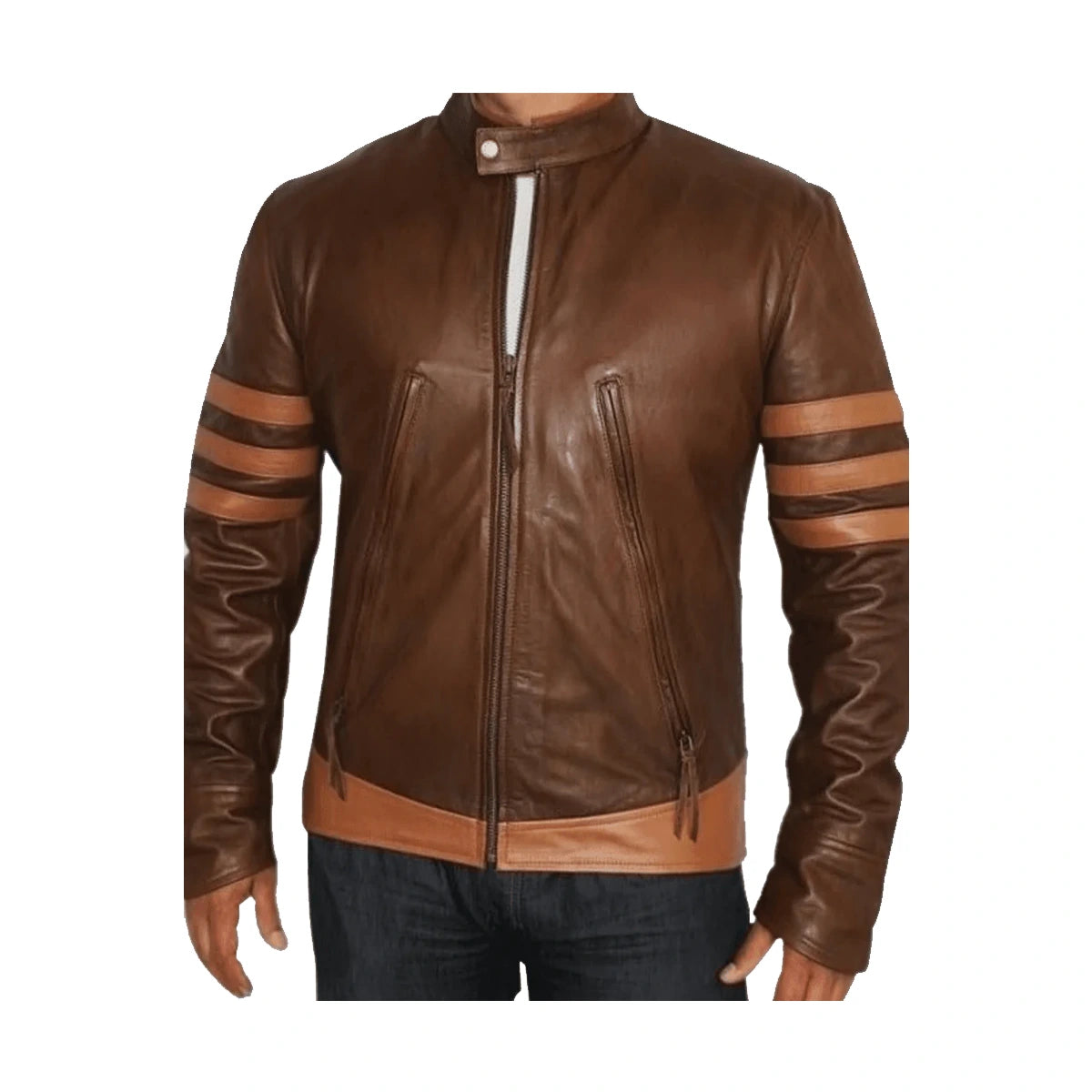 Brown Retro Striped Real Leather Jacket