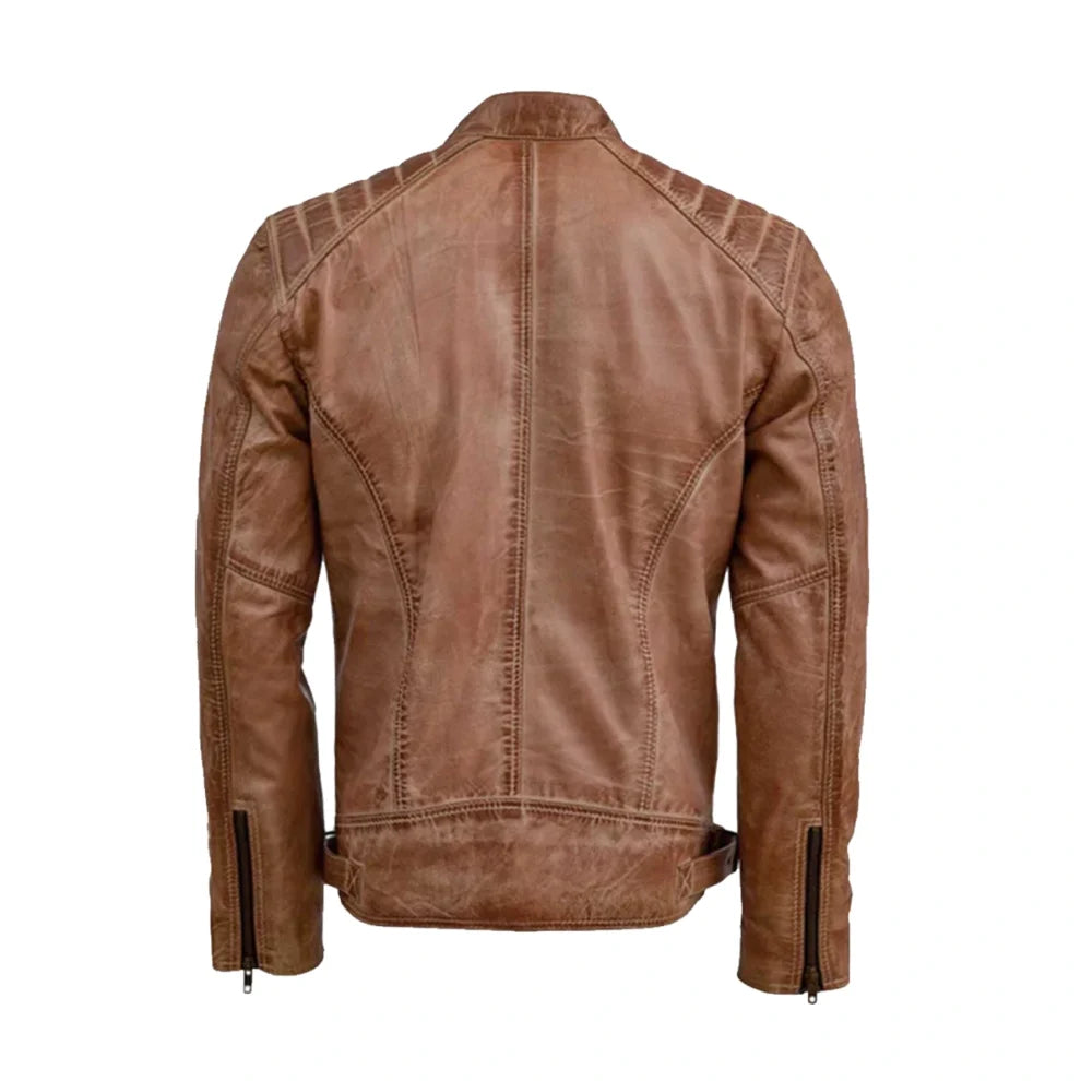 Waxed Tan Biker Style Real Leather Jacket