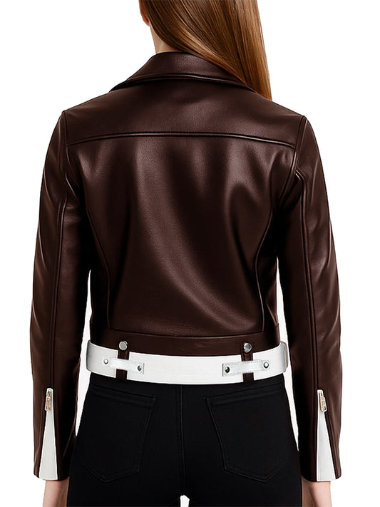 Brown and White Leather Biker Jacket Womens