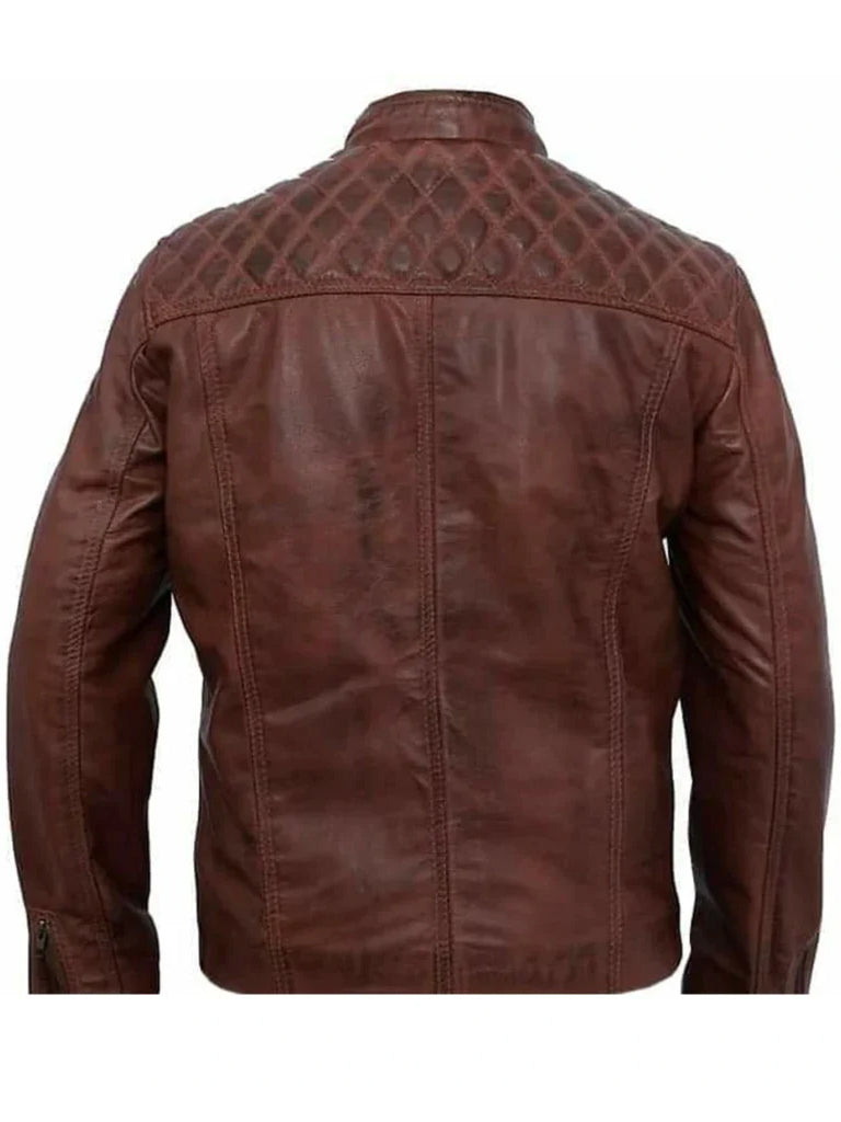 Cognac Brown Cafe Racer Quilted Leather Jacket 