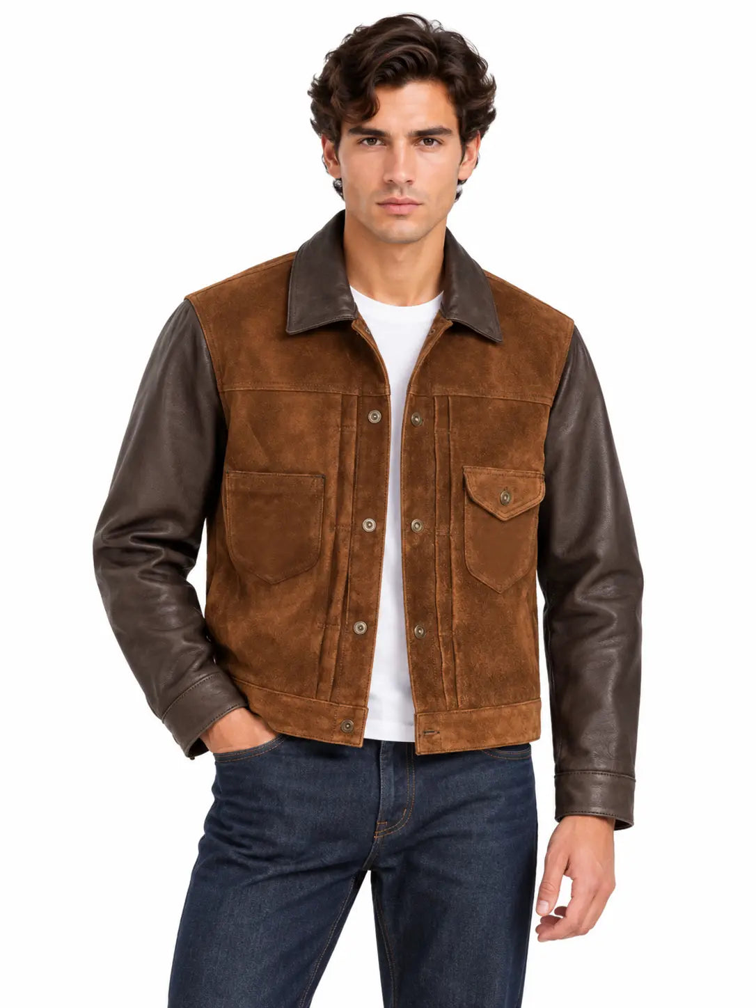 Male model wearing premium brown suede and leather trucker jacket