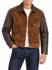 Brown suede leather trucker jacket for men front view
