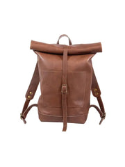 Handmade Brown Leather Roll Top Backpack with Front Pocket