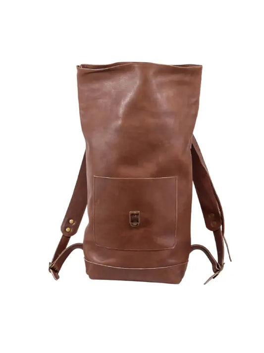Handmade Brown Leather Roll Top Backpack with Front Pocket