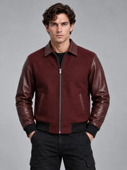 Burgundy varsity bomber jacket for men with leather sleeves and zip closure