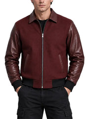 Men's burgundy wool and leather varsity bomber jacket with leather sleeves