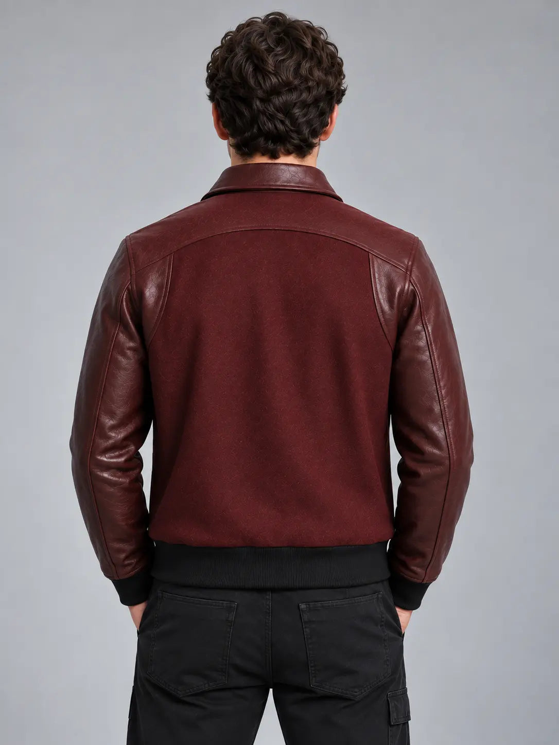 Back view of burgundy wool and leather bomber jacket for men