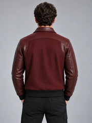 Back view of burgundy wool and leather bomber jacket for men