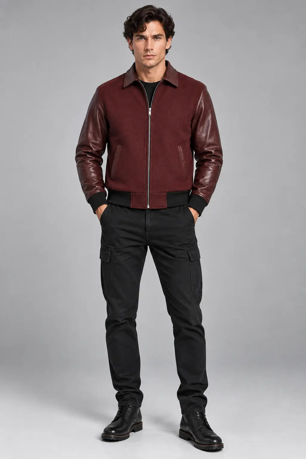 Burgundy varsity bomber jacket for men with leather sleeves and zip closure