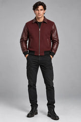 Burgundy varsity bomber jacket for men with leather sleeves and zip closure