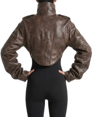 Women's brown vintage real leather corset jacket with high neck, cropped silhouette, shoulder epaulettes and tacked sleeves.