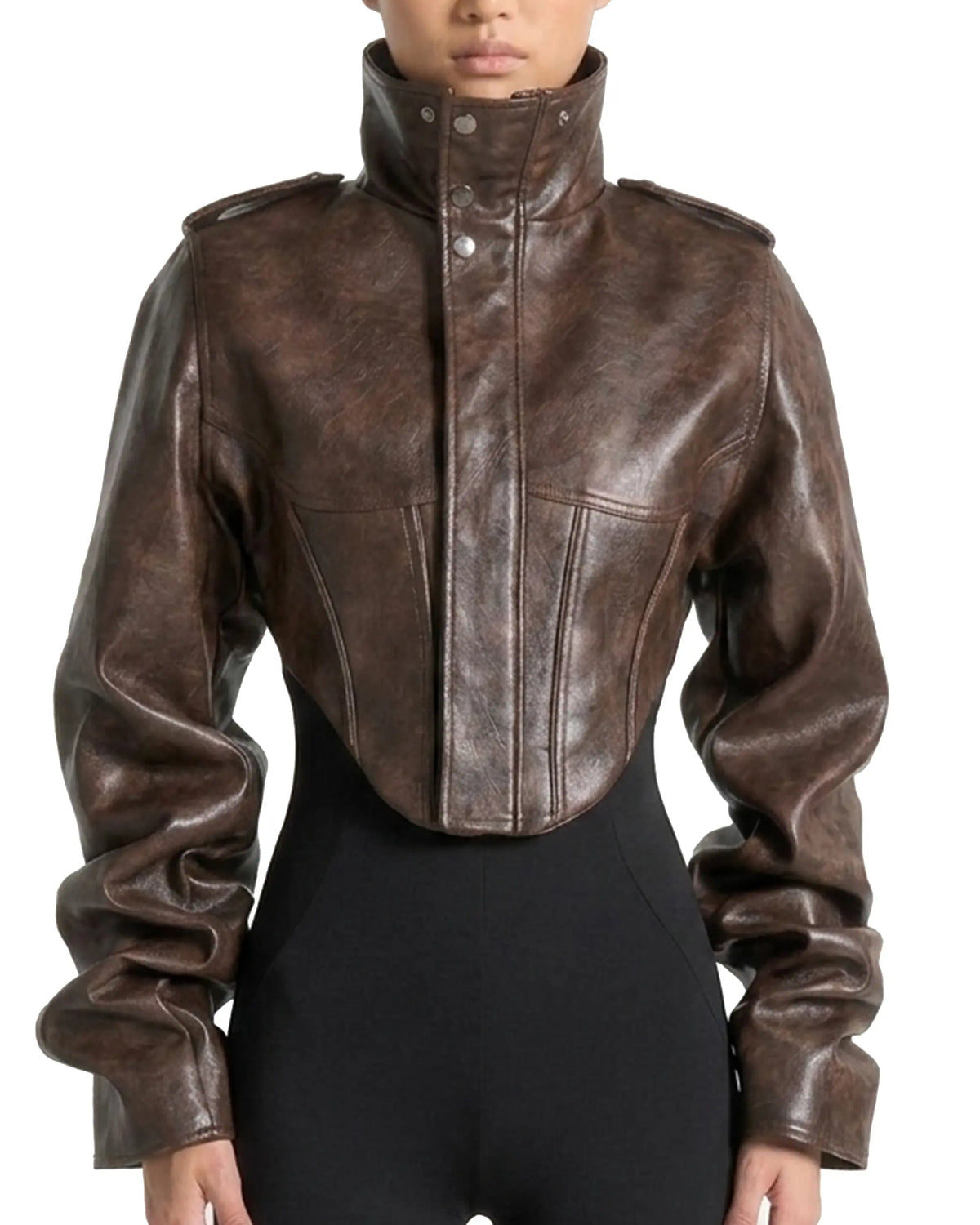 Women's brown vintage real leather corset jacket with high neck, cropped silhouette, shoulder epaulettes and tacked sleeves.