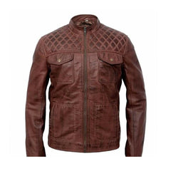 Cognac Brown Cafe Racer Quilted Leather Jacket 