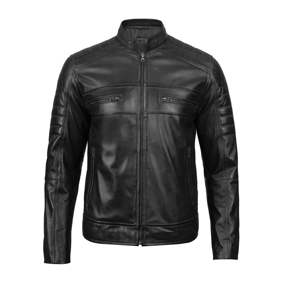 Black Cafe Racer Real Leather Jacket