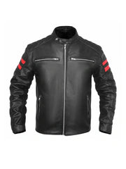 Cafe Racer Red Stripes Black Leather Jacket