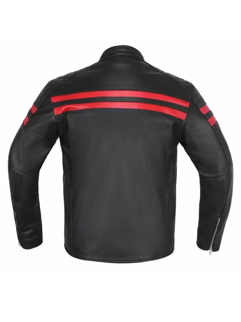 Cafe Racer Red Stripes Black Leather Jacket