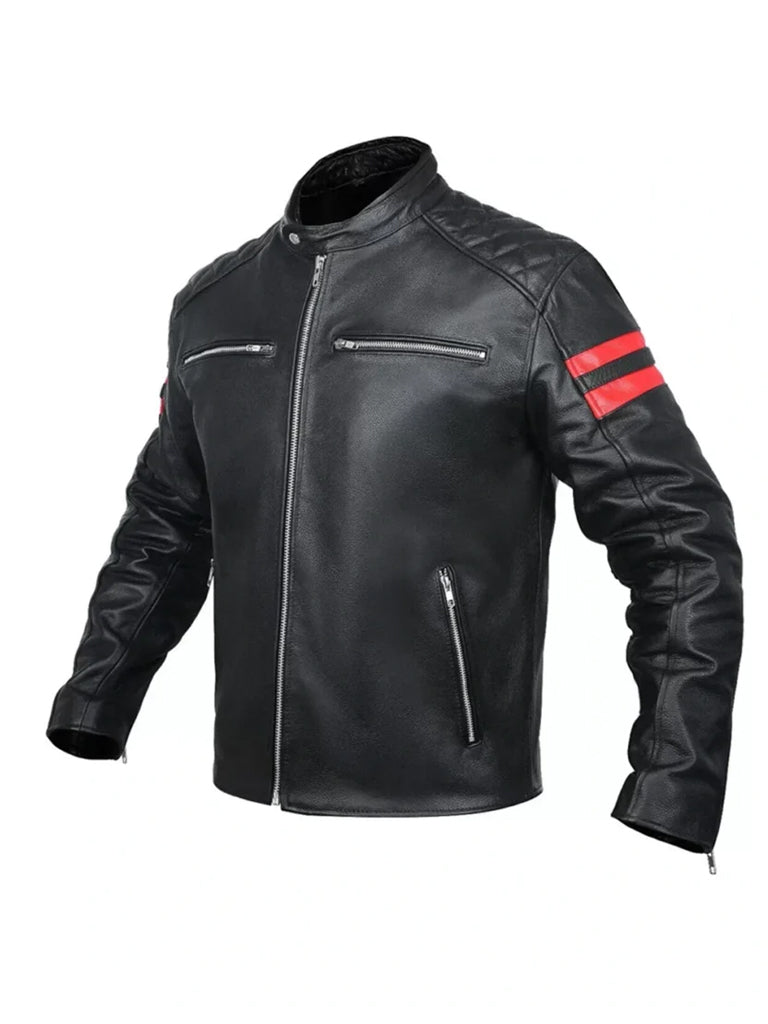 Cafe Racer Red Stripes Black Leather Jacket