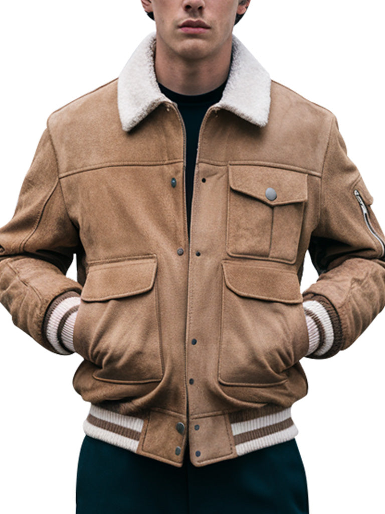 Casual tan suede outerwear with fur collar