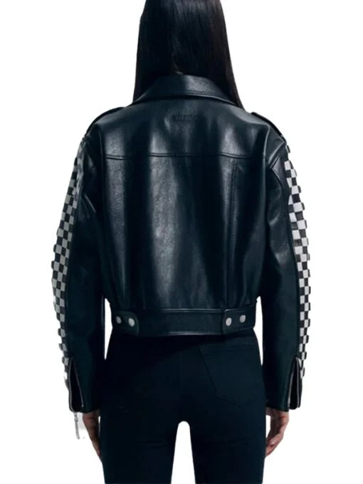 Checkered Studded Leather Biker Jacket
