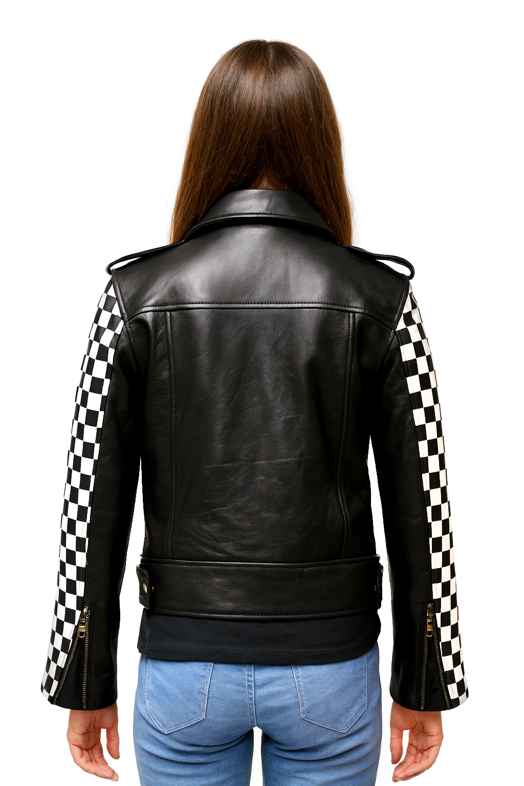 Women's Checkered Studded Leather Biker Jacket