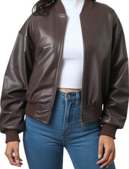 Classic Brown Leather Bomber Jacket for Women