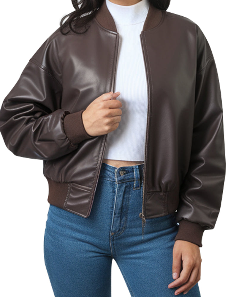 Classic Brown Leather Bomber Jacket for Women