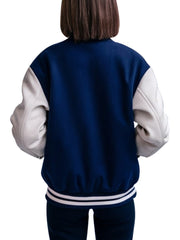 Classic Navy Blue Varsity Jacket with White Sleeves